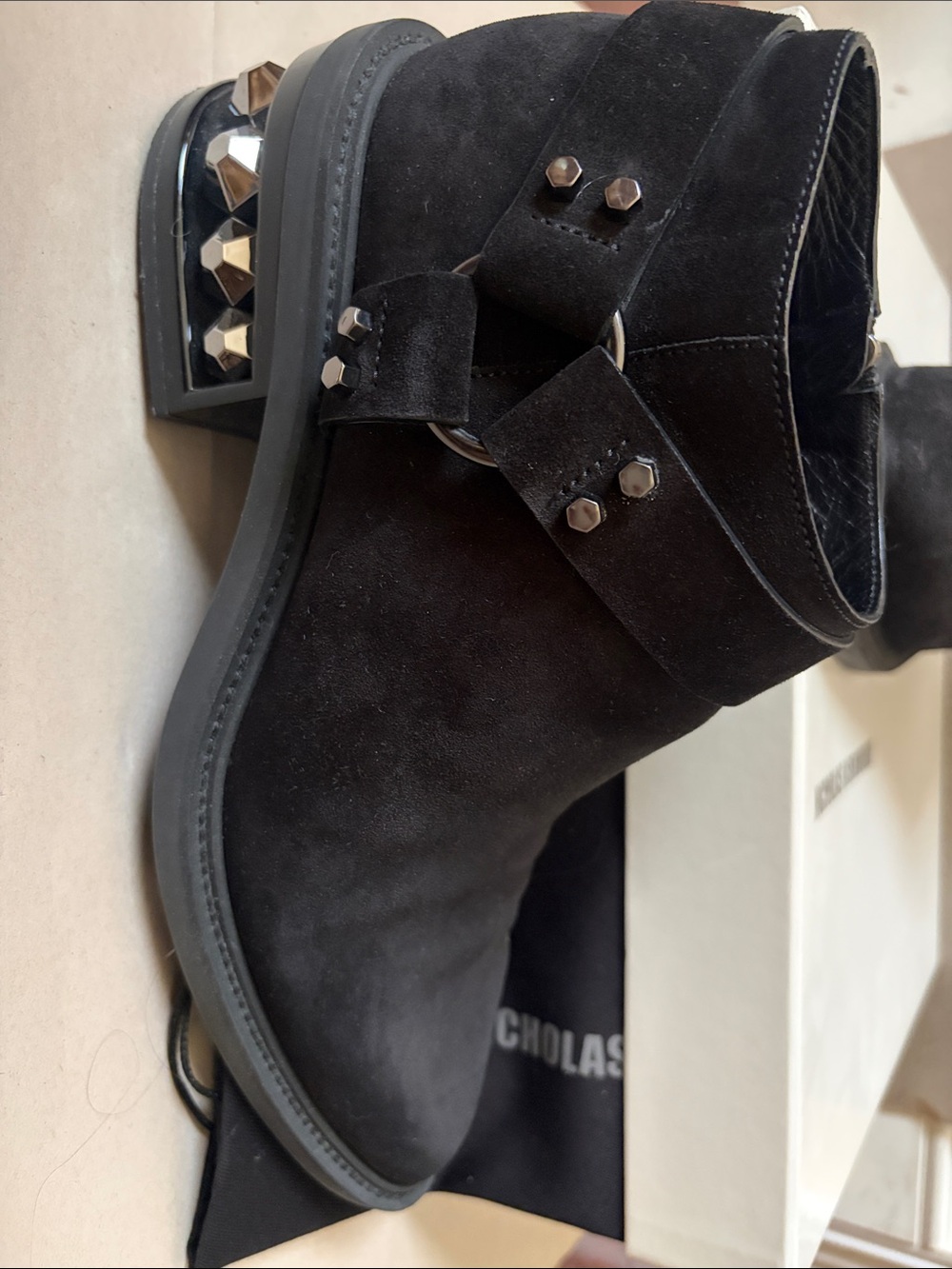 Nicholas Kirkwood Black Suede Ankle Booties with Studded Heel